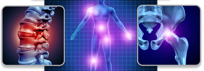 Three medical illustrations showing spinal inflammation, pain points across the body, and a detailed pelvic view.